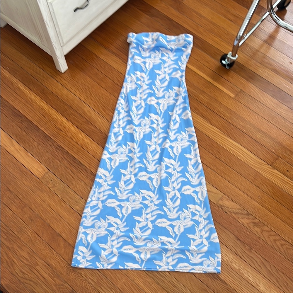 Blue and White Strapless Dress